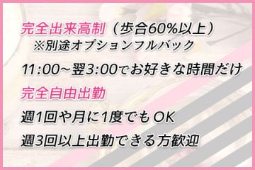 完全出来高制で歩合は60％～！！出勤も自由なので都合に合わせて稼ぎやすい！！